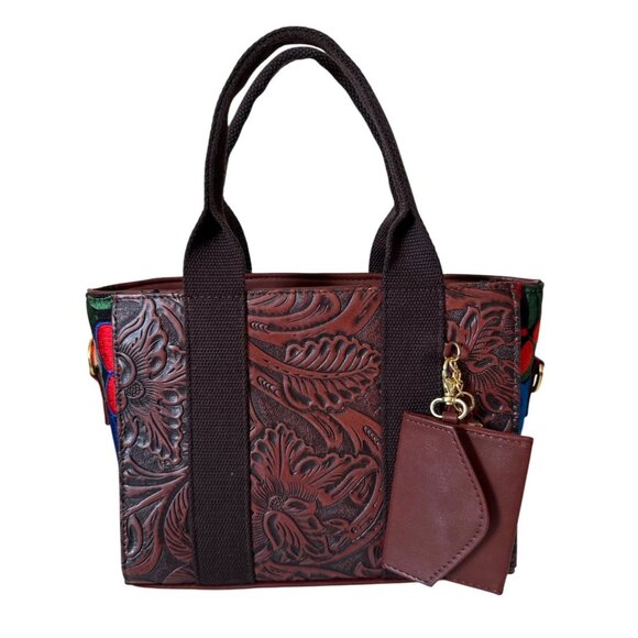 Tooled vibrant floral tapestry embroidery vegan leather with coin‎ purse satchel - Picture 2 of 8